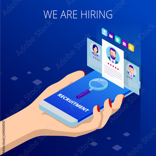 Isometric online job search and human resource, recruitment concept. We are hiring. Presentation for employment and infographics for recruiting.