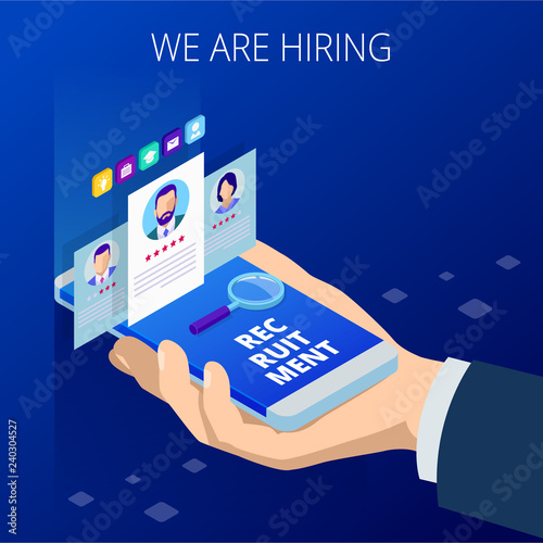 Isometric online job search and human resource, recruitment concept. We are hiring. Presentation for employment and infographics for recruiting.