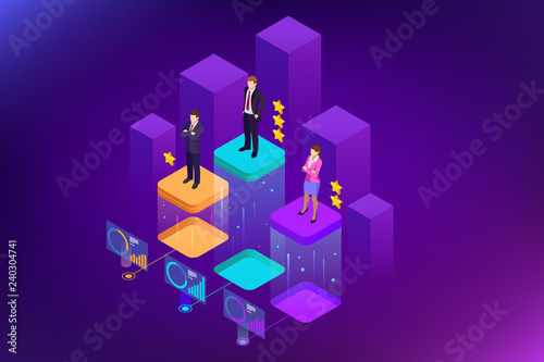 Isometric online job search and human resource, recruitment concept. We are hiring. Presentation for employment and infographics for recruiting.