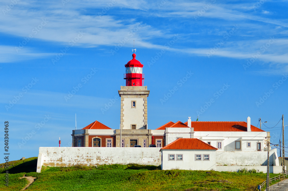 Lighthouse at Cape Roca. Cabo da Roca most western point in Europe. Landmark in Sintra and Lisbon, Portugal