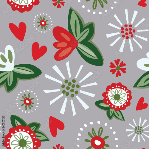 Quirky seamless floral vector pattern with red and white stylized flowers and small hearts on an warm gray background. Modern, pretty and graphic. For textiles, packaging, paper, invitations, design