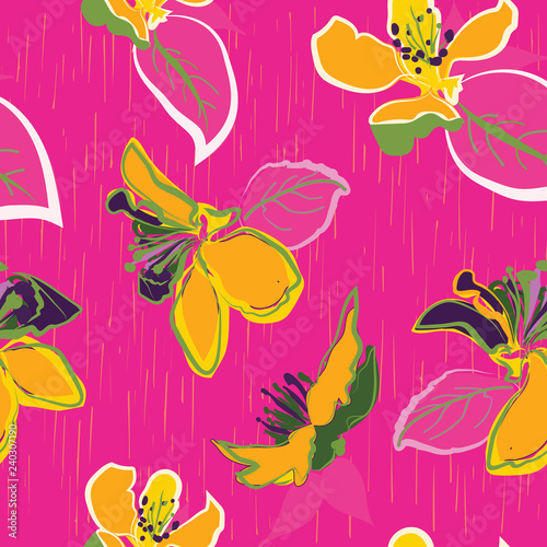 Vibrant hand-drawn flower blossoms and leaves in hot pink, yellow and green. Exotic spring / summer tropical seamless vector pattern for textiles, home decor, fashion, invitations and graphic design.
