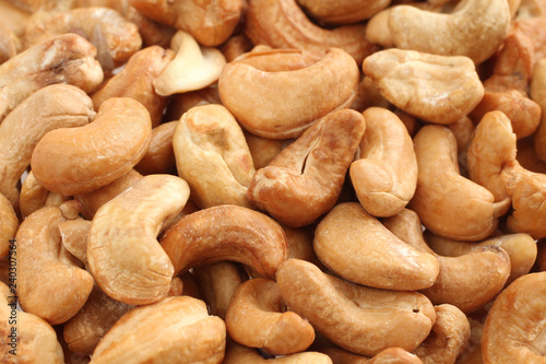 Roasted cashew nuts, top view. Closeup