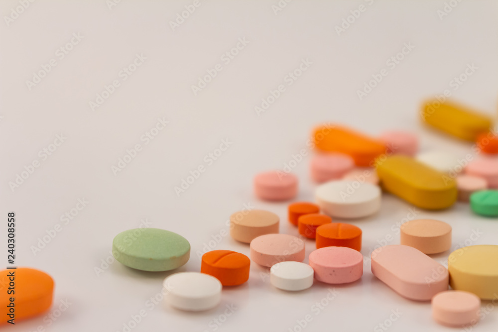 Drugs in the form of medicines. Capsules and tablets of various colors and shapes for human use. Drugs in the form of medicines. Capsules and tablets of various colors and shapes for human use.
