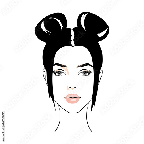 illustration of women bun hair style icon, logo women face on white background, vector. icon beauty woman with luxurious cute bun hairstyle. Idea for card typography vector.