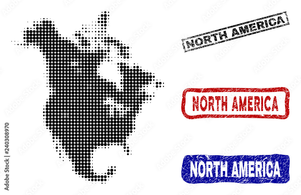 Obraz premium Halftone vector dot abstracted North America v2 map and isolated black, red, blue rubber-style stamp seals. North America v2 map caption inside rough rectangle frames and with retro rubber texture.