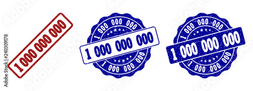 1000000000 scratched stamp seals in red and blue colors. Vector 1000000000 labels with scratced surface. Graphic elements are rounded rectangles, rosettes, circles and text labels. photo