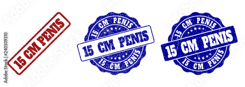15 CM PENIS scratched stamp seals in red and blue colors. Vector 15 CM PENIS labels with grainy effect. Graphic elements are rounded rectangles, rosettes, circles and text labels.