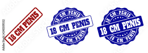 18 CM PENIS scratched stamp seals in red and blue colors. Vector 18 CM PENIS labels with grunge effect. Graphic elements are rounded rectangles, rosettes, circles and text labels.