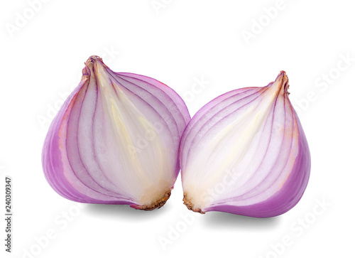 Slices of shallot onions for cooking on white background