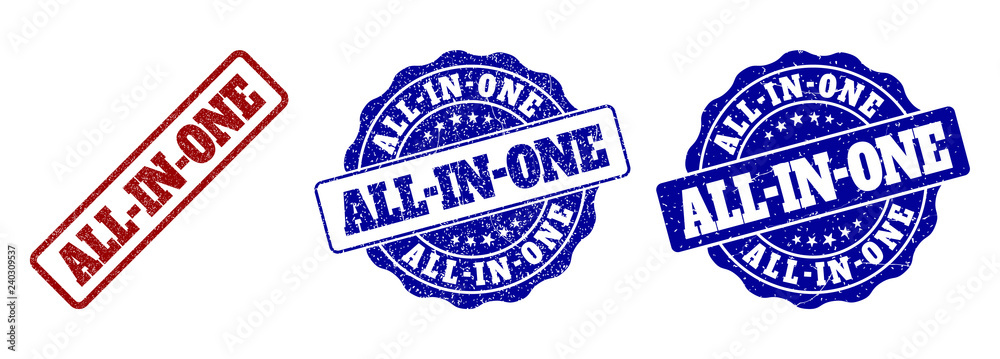 ALL-IN-ONE grunge stamp seals in red and blue colors. Vector ALL-IN-ONE signs with grunge surface. Graphic elements are rounded rectangles, rosettes, circles and text titles. ALL-IN-ONE grunge stamp seals in red and blue colors. Vector ALL-IN-ONE signs with grunge surface. Graphic elements are rounded rectangles, rosettes, circles and text titles.