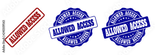 ALLOWED ACCESS grunge stamp seals in red and blue colors. Vector ALLOWED ACCESS marks with grunge effect. Graphic elements are rounded rectangles, rosettes, circles and text titles.