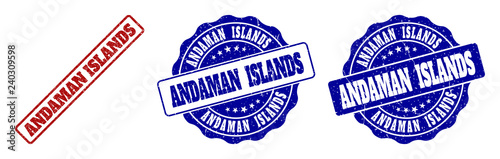 ANDAMAN ISLANDS grunge stamp seals in red and blue colors. Vector ANDAMAN ISLANDS marks with grunge surface. Graphic elements are rounded rectangles, rosettes, circles and text tags.
