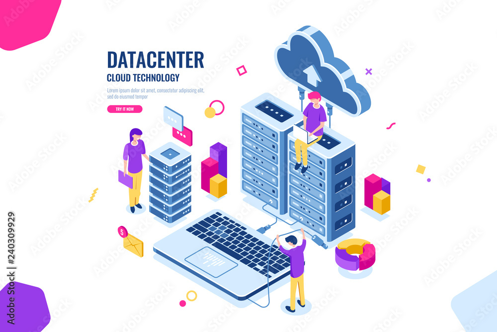 Isometric data security, computer engineer, data center and server room, cloud computing, people working together teamwork collective, color vector flat Isometric data security, computer engineer, data center and server room, cloud computing, people working together teamwork collective, color vector flat