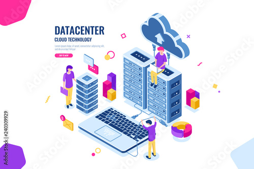 Isometric data security, computer engineer, data center and server room, cloud computing, people working together teamwork collective, color vector flat