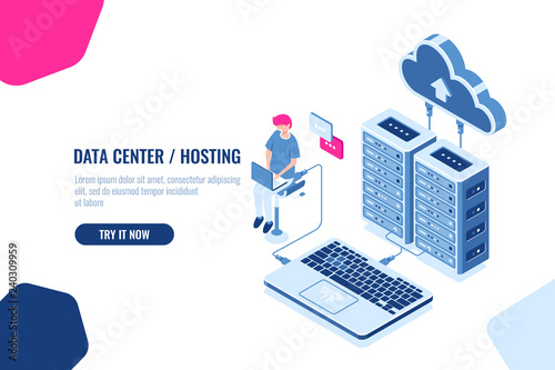 Data calculation and auditing isometric, engineer working with cloud storage, server room, datacenter and database icon. Flat color vector