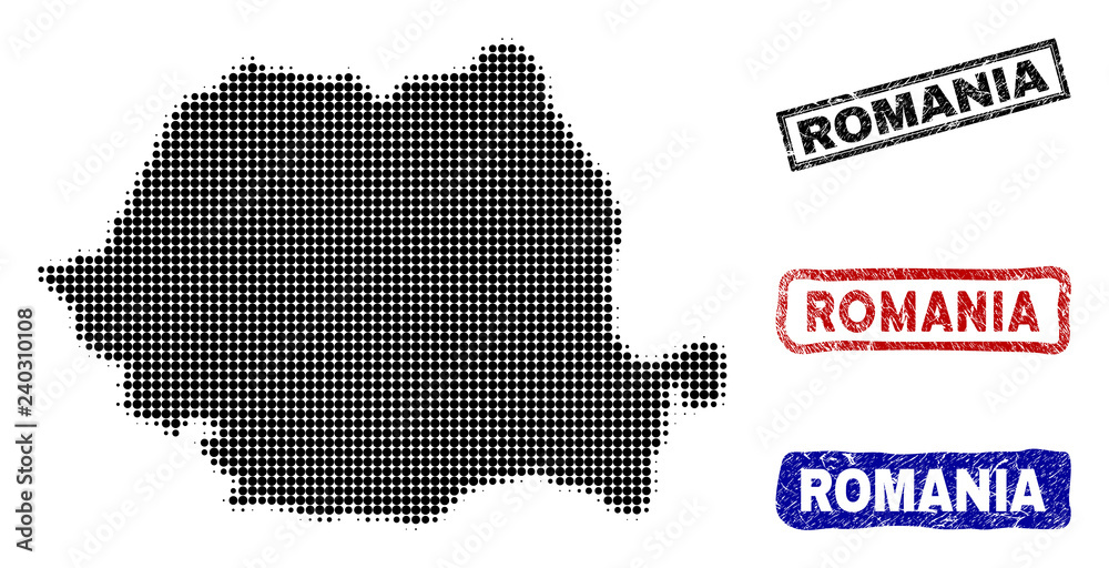 Halftone dot vector abstract Romania map and isolated black, red, blue rubber-style stamp seals. Romania map tag inside rough rectangle frames and with scratched rubber texture.