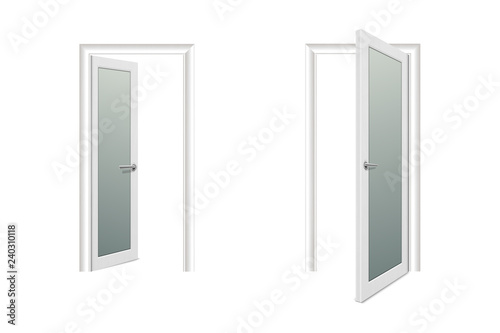 Fototapeta Naklejka Na Ścianę i Meble -  Vector Realistic Different Opened and Closed White Wooden Door Icon Set Closeup Isolated on White Background. Elements of Architecture. Design template of Classic Home Door for Graphics. Front View