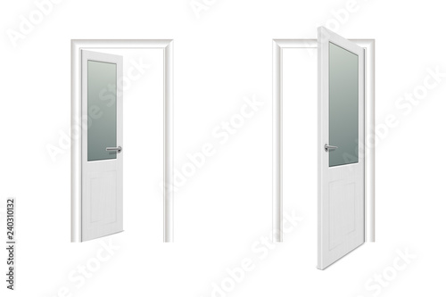 Vector Realistic Different Opened and Closed White Wooden Door Icon Set Closeup Isolated on White Background. Elements of Architecture. Design template of Classic Home Door for Graphics. Front View