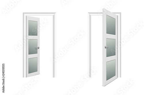 Vector Realistic Different Opened and Closed White Wooden Door Icon Set Closeup Isolated on White Background. Elements of Architecture. Design template of Classic Home Door for Graphics. Front View