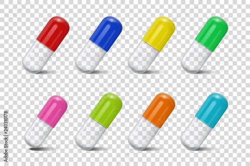 Vector Realistic 3d Different Color Medical Pill, Capsules Icon and Mock-up Set Isolated on Transparent Background. Design Template of Pills for Mockup. Medical and Healthcare Concept. Vertical