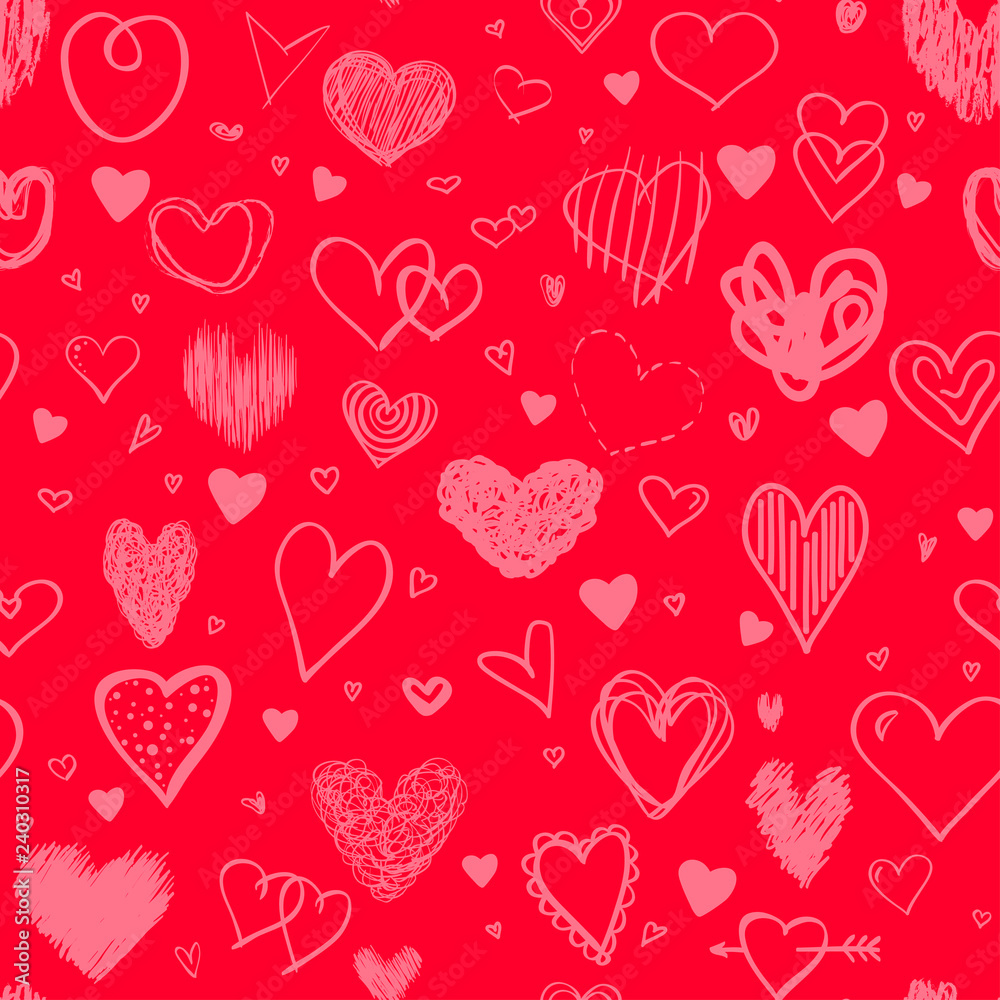 Hand drawn background with hearts. Seamless grungy wallpaper on surface. Chaotic texture with many love signs. Lovely pattern. Line art. Print for banner, flyer or poster. Colorful illustration Hand drawn background with hearts. Seamless grungy wallpaper on surface. Chaotic texture with many love signs. Lovely pattern. Line art. Print for banner, flyer or poster. Colorful illustration