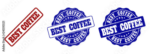 BEST COFFEE grunge stamp seals in red and blue colors. Vector BEST COFFEE signs with grunge surface. Graphic elements are rounded rectangles, rosettes, circles and text titles.