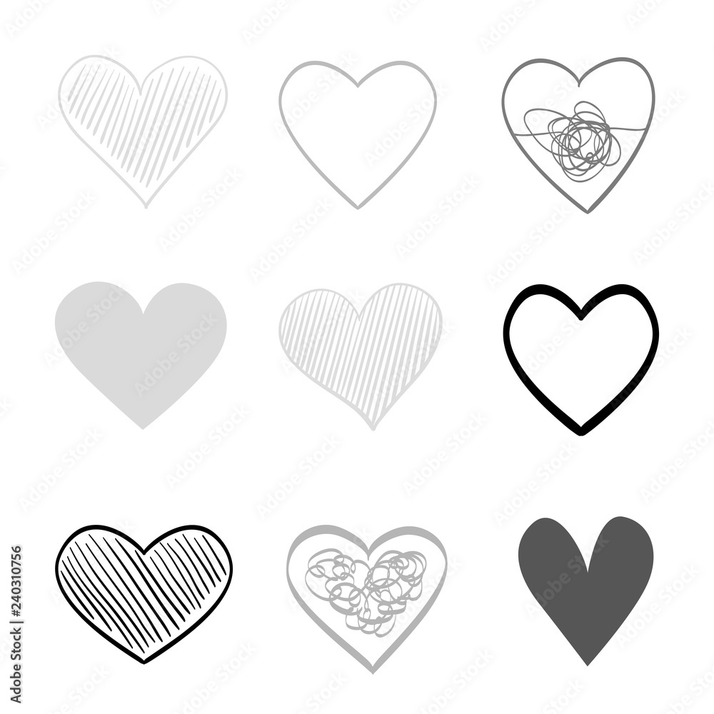 Hand drawn hearts on isolated white background. Set of love signs. Unique image for design. Line art creation. Black and white illustration. Elements for poster or flyer