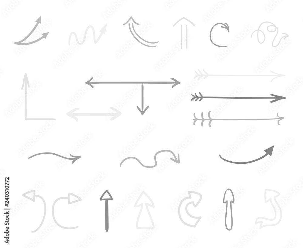 Hand drawn infographic elements on white. Abstract arrows. Line art. Set of different signs. Black and white illustration. Doodles for artworks