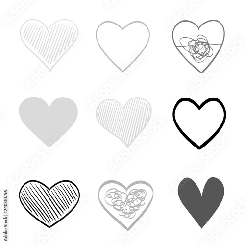 Hand drawn hearts on isolated white background. Set of love signs. Unique image for design. Line art creation. Black and white illustration. Elements for poster or flyer