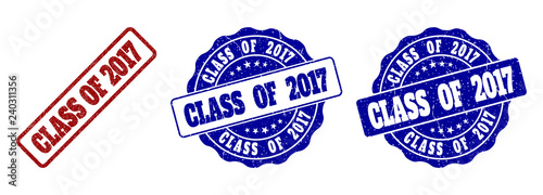 CLASS OF 2017 grunge stamp seals in red and blue colors. Vector CLASS OF 2017 overlays with dirty effect. Graphic elements are rounded rectangles, rosettes, circles and text titles.