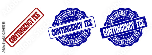CONTINGENCY FEE grunge stamp seals in red and blue colors. Vector CONTINGENCY FEE imprints with grunge texture. Graphic elements are rounded rectangles, rosettes, circles and text captions.