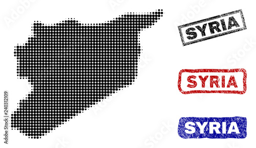 Halftone vector dot abstracted Syria map and isolated black, red, blue rubber-style stamp seals. Syria map name inside draft rectangle frames and with unclean rubber texture.