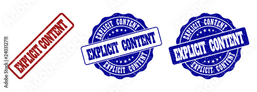 EXPLICIT CONTENT grunge stamp seals in red and blue colors. Vector EXPLICIT CONTENT labels with grunge style. Graphic elements are rounded rectangles, rosettes, circles and text captions.
