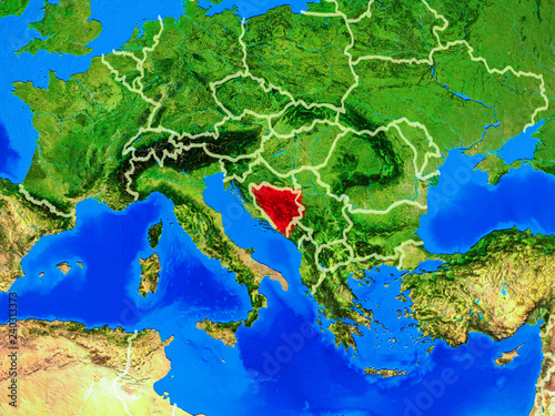 Bosnia and Herzegovina from space on model of planet Earth with country borders and very detailed planet surface.