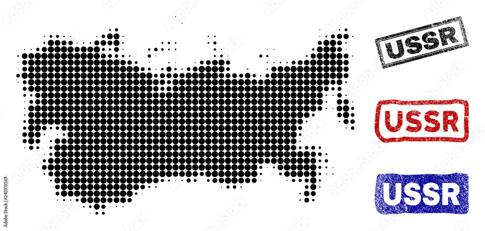 Halftone vector dot abstracted USSR map and isolated black, red, blue rubber-style stamp seals. USSR map label inside rough rectangle frames and with scratched rubber texture.