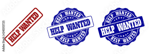 HELP WANTED grunge stamp seals in red and blue colors. Vector HELP WANTED marks with grunge texture. Graphic elements are rounded rectangles, rosettes, circles and text tags.