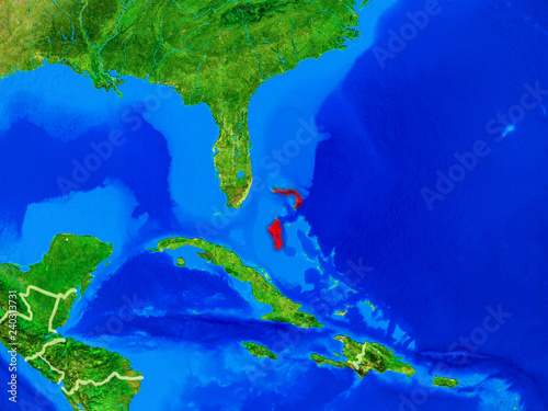 Bahamas from space on model of planet Earth with country borders and very detailed planet surface.