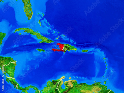 Haiti from space on model of planet Earth with country borders and very detailed planet surface.