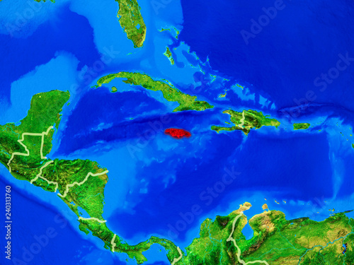 Jamaica from space on model of planet Earth with country borders and very detailed planet surface.