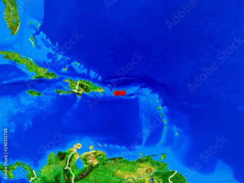 Puerto Rico from space on model of planet Earth with country borders and very detailed planet surface.