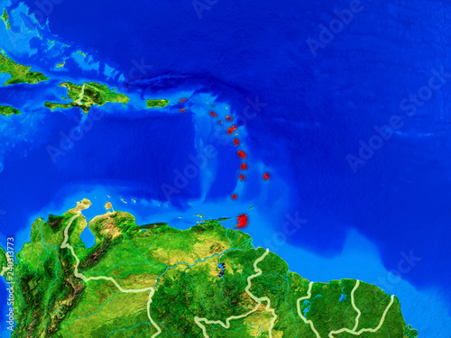 Caribbean from space on model of planet Earth with country borders and very detailed planet surface.