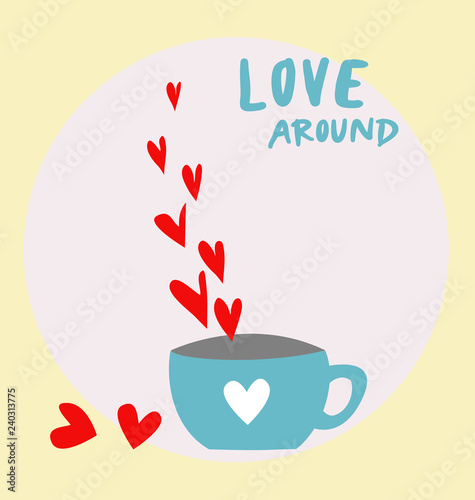 vector red hearts vapor from the coffee cup on white and yellow background