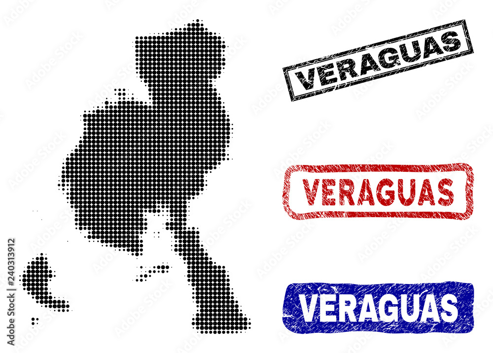 Halftone dot vector abstract Veraguas Province map and isolated black, red, blue grunge stamp seals. Veraguas Province map tag inside rough rectangle frames and with grunge rubber texture.