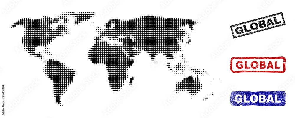 Fototapeta premium Halftone vector dot abstract world map and isolated black, red, blue rubber-style stamp seals. World map caption inside draft rectangle frames and with grunge rubber texture.
