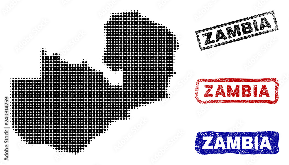 Halftone dot vector abstract Zambia map and isolated black, red, blue rubber-style stamp seals. Zambia map name inside rough rectangle frames and with distress rubber texture.