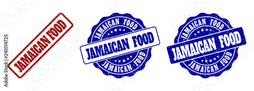JAMAICAN FOOD grunge stamp seals in red and blue colors. Vector JAMAICAN FOOD labels with grunge style. Graphic elements are rounded rectangles, rosettes, circles and text tags.