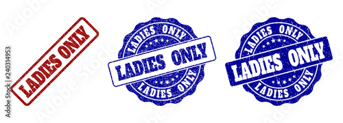 LADIES ONLY grunge stamp seals in red and blue colors. Vector LADIES ONLY imprints with grunge surface. Graphic elements are rounded rectangles, rosettes, circles and text titles.