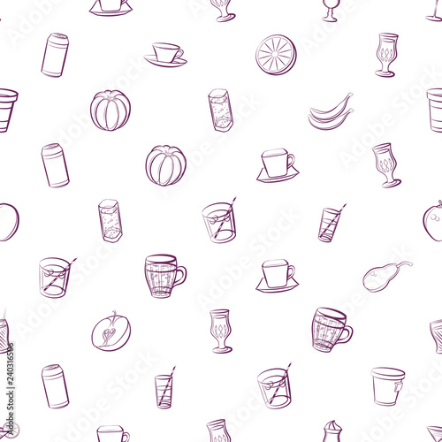 Drinks and Fruits set. Background for printing, design, web. Usable as icons. Seamless. Color.