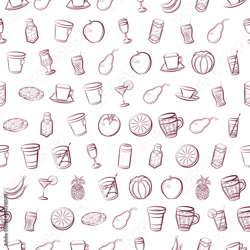 Drinks and Fruits set. Background for printing, design, web. Usable as icons. Seamless. Color.